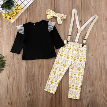 

2020 Toddler Kids Baby Girls Clothes Set Spring Ruffles Black Long Sleeve Top T-shirt Floral Printed Bib Pants 3Pcs Outfits