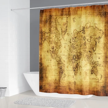 

Vintage World Map Waterproof Shower Curtain Digital Printing Bathroom Decor Retro Style Polyester Bath Curtain with Hooks