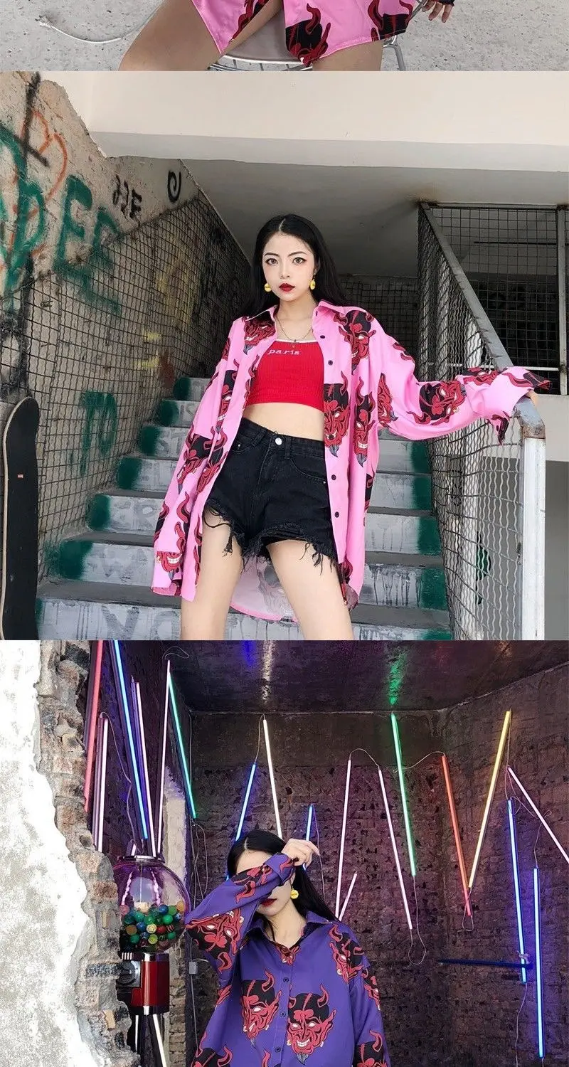 Harajuku рубашка Blusas плюс размер 3XL Ulzzang длинный рукав женская блузка Весна Осень Свободный дьявол в готическом стиле печати блузки женские s Топы