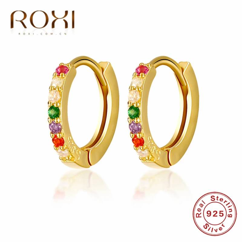 ROXI 925 пробы серебряные Мини Круглые серьги радужные CZ серьги-гвоздики для женщин подарок корейские серьги циркониевые ювелирные изделия - Окраска металла: Золотой цвет