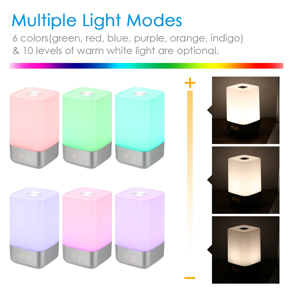 Simulation Digital Clock USB Rechargeable LED Wake Up Light Alarm Clock Sunrise Alarm Clock Colorful Night Light 18650 Battery