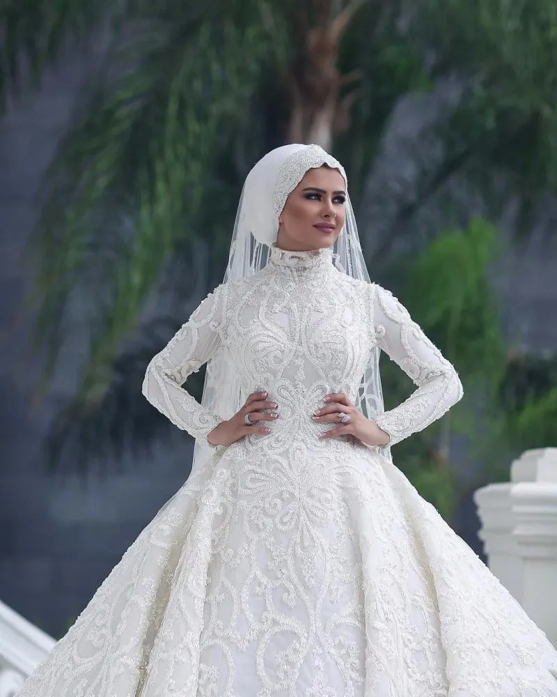 Роскошные винтажные кружевные мусульманские свадебные платья с высоким воротником и длинными рукавами хиджаб Vestido de noiva Индивидуальные свадебные платья