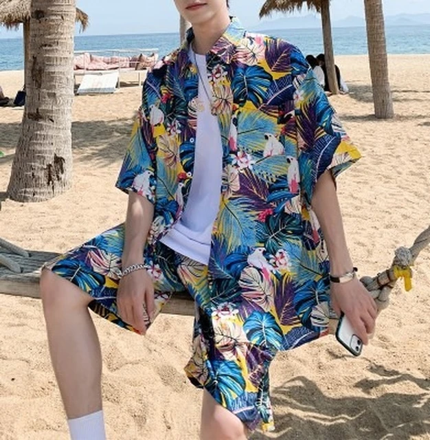 Ropa Hawaiana de manga corta para hombre, traje de dos piezas suelto camisa de pantalones cortos, playa, verano, 2021 _ - Mobile