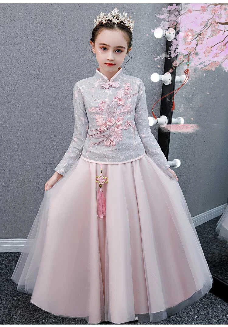 Hanfu/розовый китайский новогодний костюм для девочек, Восточное вечернее платье, плотное свадебное платье с длинными рукавами, детское кружевное платье Ципао