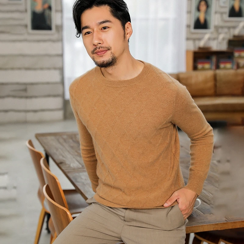 Black Friday LHZSYY 2020Autumn Winter New O Neck Men' Pure Wool Sweater Loose Rhombus Base Shirt Warm Thick Knitted Cashmere Pullover Sweater