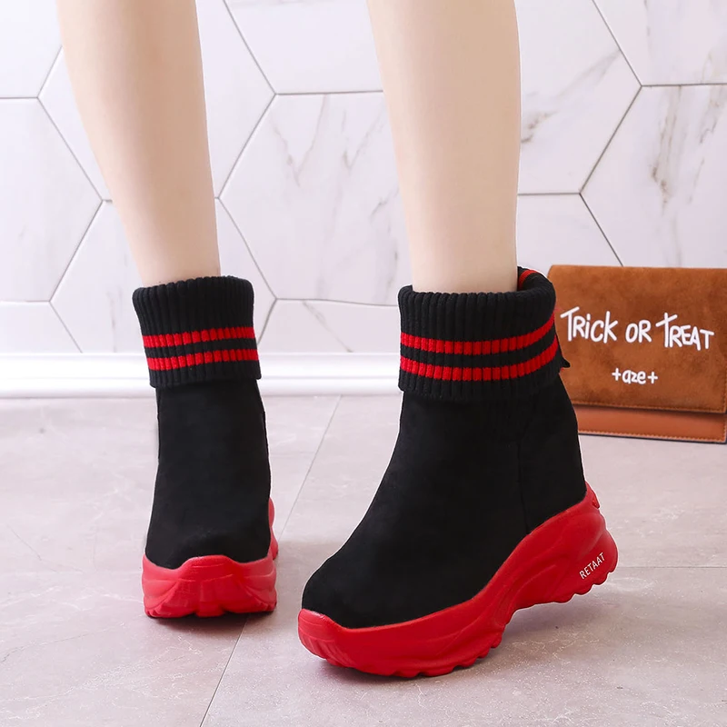New Short Plush Warm Knee Platform Boots Women Fashion Round Toe Socks Boots Shoes Woman High Heel Ankle Boots Zapatos De Mujer