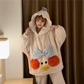 

Pajamas Female Winter Korean Version of Sweet and Cute Plush Warm Pajamas Cartoon Long-sleeved Two-piece Home Service Suit
