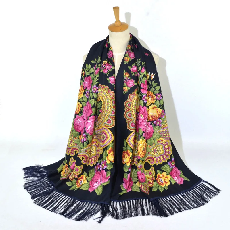

2020 Women's Russian Print Scarf Female Floral Pattern Cotton Scarves Wraps Retro Ukrainian Ladies Fringed National Scarf Shawl