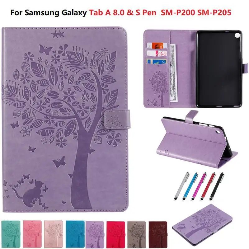 Emboss Tablet Case for Samsung Galaxy Tab A 8 2019 S Pen SM-P200 SM-P205 Wallet Funda for Galaxy Tab A 8 P200 P205 Stand Cover