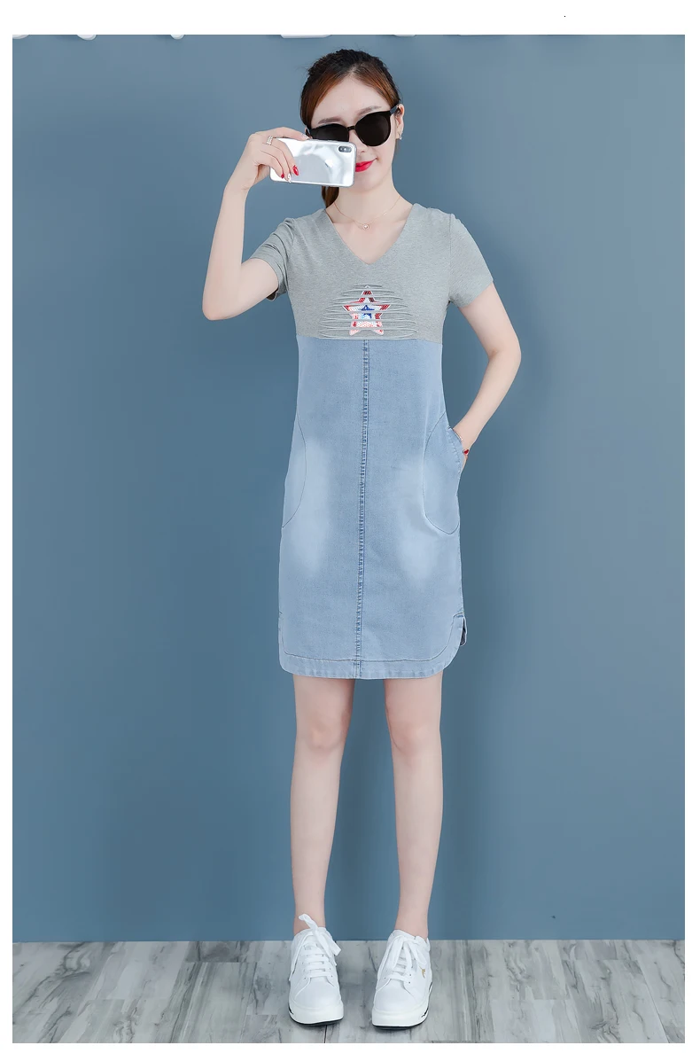 YICIYA/джинсовые платья для женщин; мини-платье-футболка; летнее Короткое женское платье; коллекция года; джинсы в стиле пэчворк; джинсовая синяя элегантная одежда с карманами