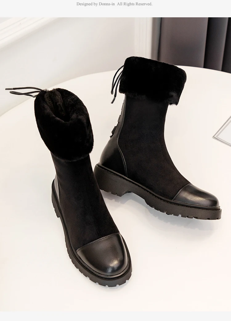 Donna-in/женские зимние ботинки до середины икры; коллекция года; теплые зимние ботинки из натуральной кожи на плоской платформе с плюшевой подкладкой на шнурках; мягкие ботинки; bottes femme