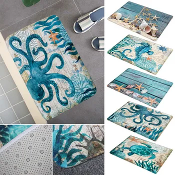 

Entrance Seascape Mat Bathroom Carpet Set Ocean Turtle Octopus Anti Slip Pedestal Rug Lid Toilet Cover Bath Mat