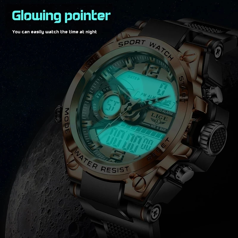 LIGE Creative Quartz Electronics Men Watch Waterproof Alarm Sport Dual Digital Display Watch for Men Relogio Masculino Clock New