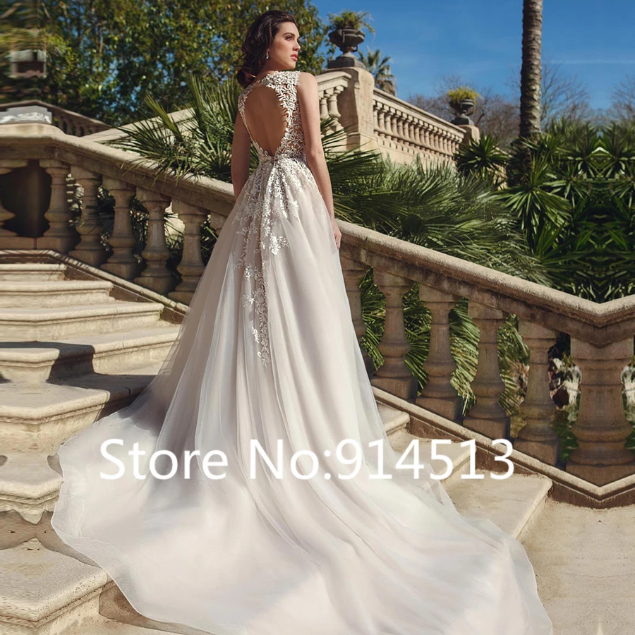 Vestido De Noiva Свадебные платья A Line тюль с высокой горловиной без рукавов Иллюзия спинки свадебные платья, платья невесты с коротким шлейфом