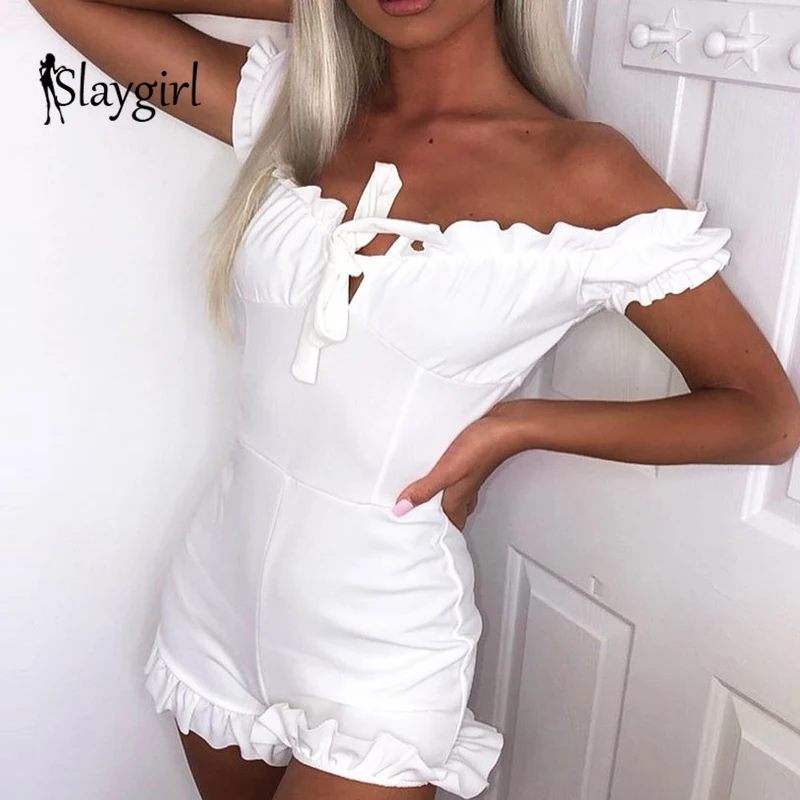 Slaygirl белые летние комбинезоны с оборками Женские Комбинезоны с бантом облегающие КОМБИНЕЗОНЫ Элегантные повседневные Комбинезоны сексуальные комбинезоны