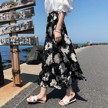 

2020 Spring Summer Chiffon Floral Print Skirts for Women One Piece Midi Beach Party Female A-line Skirts with Lining