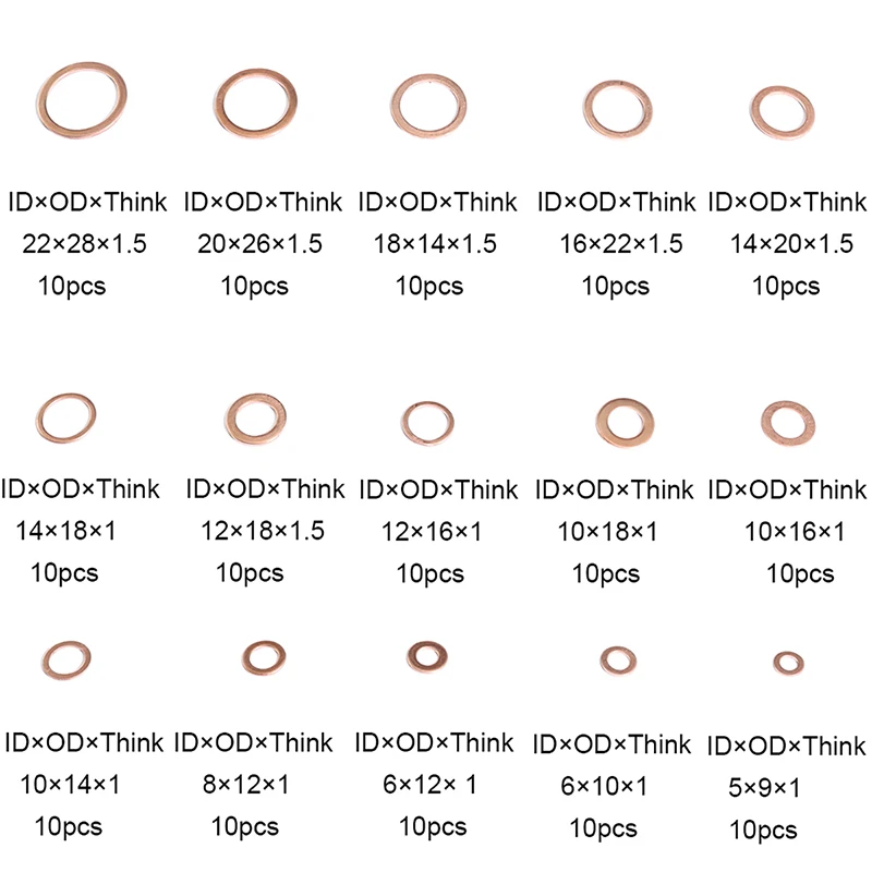 Набор медных уплотнительных прокладок для шайбы 150 шт. от M5 до M22 комплект с