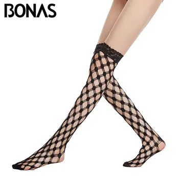 

BONAS Black High Elastic Hollow Mesh Women's Sexy Fishnet Stockings Lace Thigh High Stockings Elegant Ladies Knee Stockings