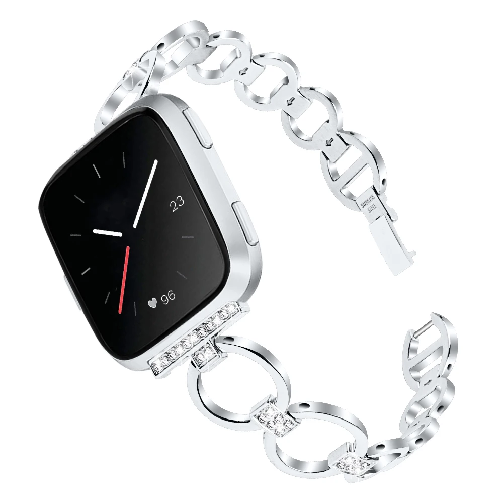 Подходит для Fitbit Versa ремешок из нержавеющей стали металлический полый смарт-ремешок женские Стразы двойной круг смарт-ремешок