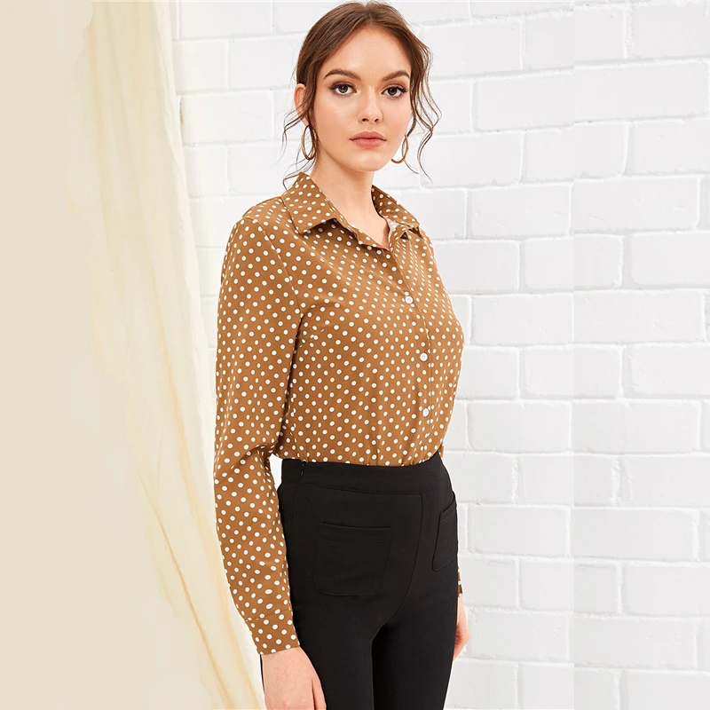Dotfashion блуза с отделкой в горошек, рубашка женская, осень, коричневые блузки на пуговицах, Женская Повседневная, с изогнутым подолом