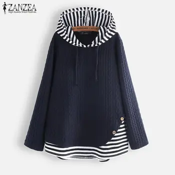 

2020 Plus Size ZANZEA Spring Hoodie Blouse Women Long Sleeve Vintage Striped Patchwork Shirts Blusas Tunic Tops Female Chemise