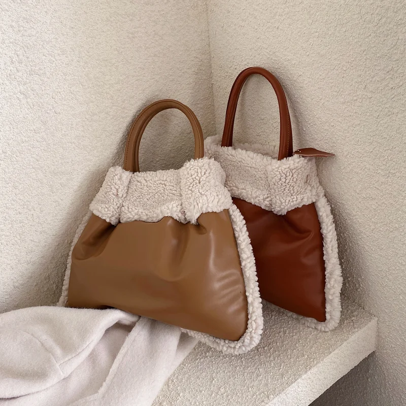 Goedkoop Mode Lam Kasjmier Vrouwen Handbgs Designer Pluche Schoudertassen Luxe Pu Lederen Crossbody Tas Grote Capaciteit Totes Lady Purse