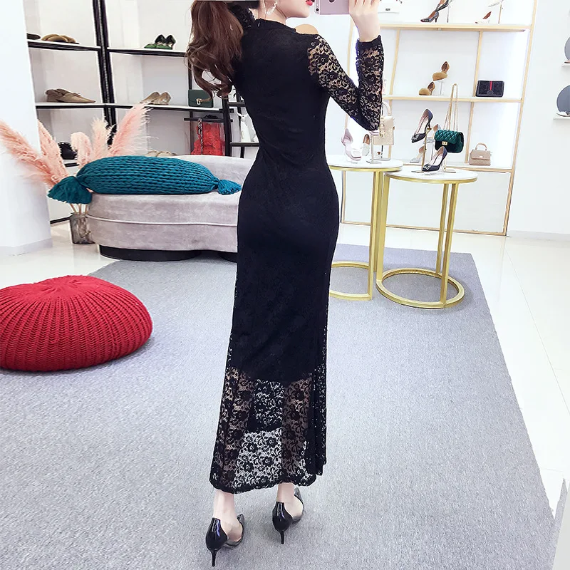 Китайское вечернее платье, китайское платье, сексуальное, cheongsam, с вырезами, кружево, qipao, длинный рукав, платье, новинка, бодикон - Цвет: color3