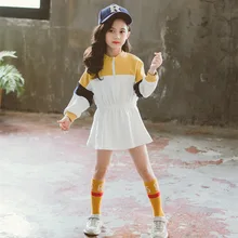 Новые осенние платья для девочек; платье с капюшоном и длинными рукавами для детей; Повседневная цветная детская одежда в стиле пэчворк; платье принцессы с эластичной резинкой на талии