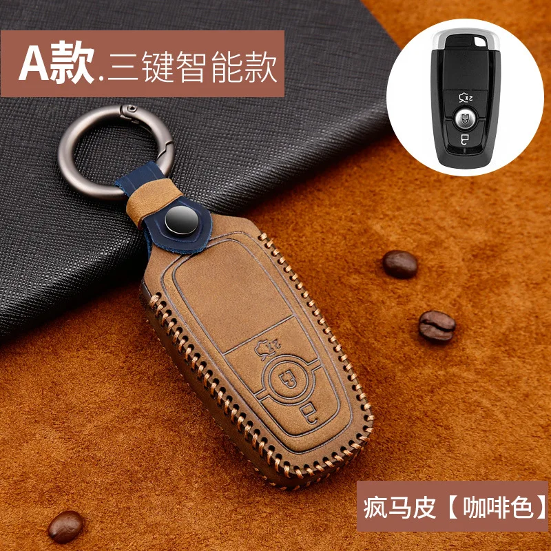 3button brown Чехол для ключей из натуральной кожи, ручной работы, для Ford Mondeo Fusion F150 Mustang Explorer Edge Ecosport F-150 F-250 - Название цвета: 3button brown