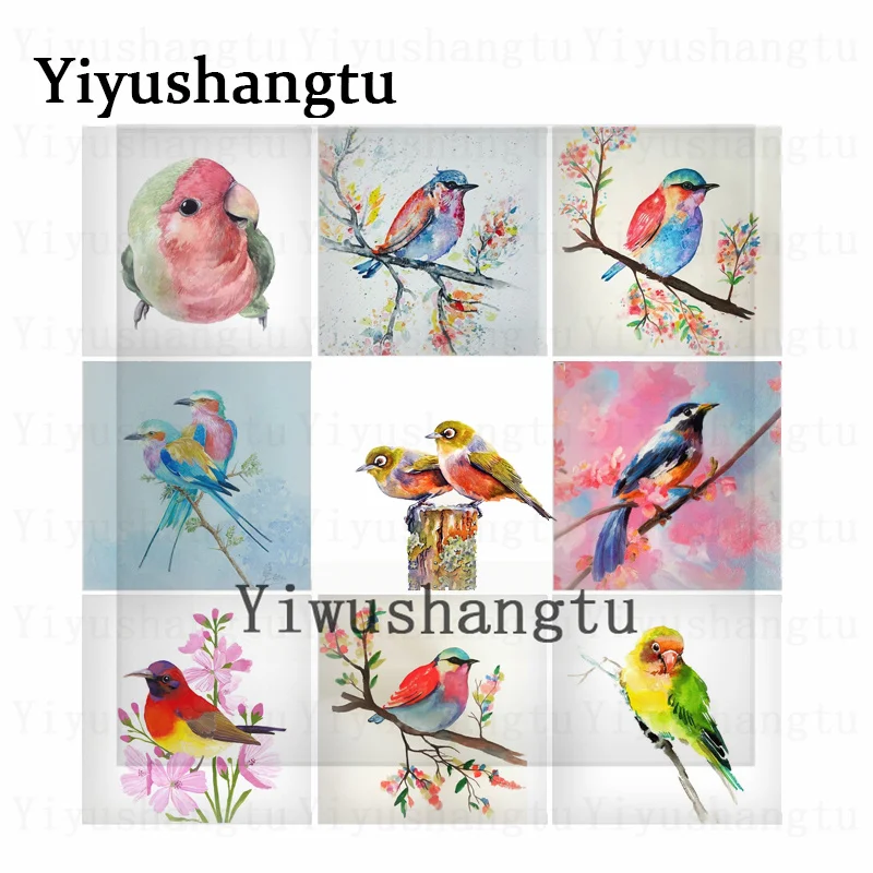 

Lovely painting watercolor birds on branches 12mm/20mm/25mm/30mm Square photo glass cabochon demo flat back Making findings