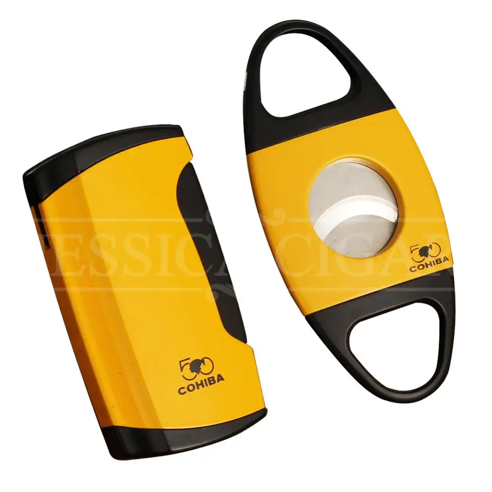 

COHIBA Cigar Lighter Cutter Set Windproof 2 Jet Flame Lighters Torch Metal Stainless Steel Cigar Cutter Sharp Pocket W/ Gift Box
