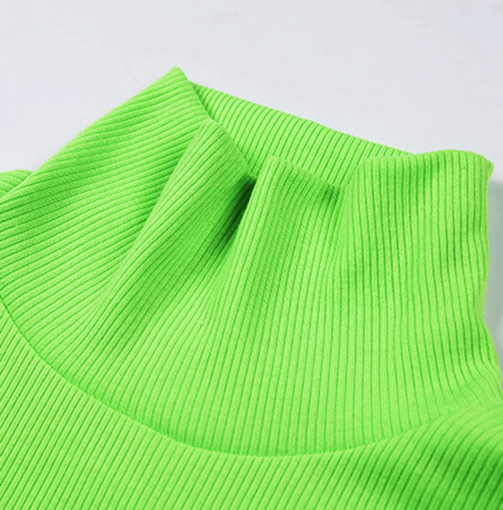 Осень-зима, неоновый цвет, ребристая футболка, Женская водолазка с длинным рукавом, Модная трикотажная футболка, женская футболка, Прямая поставка 10