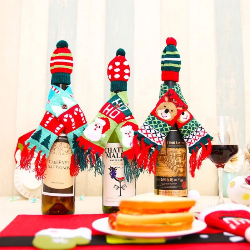 Christmas Table Decoration Wine Bottle Cover Knitted Christmas Scarf and Hat Decor Ornaments for Home New Year's Product