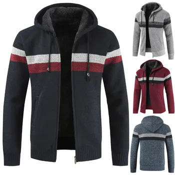 

Harajuku Sweater Coat Men 2020 Winter Thicken Warm Hooded Cardigan Jumpers Men Striped Wool Liner Zipper Fleece Coats Men
