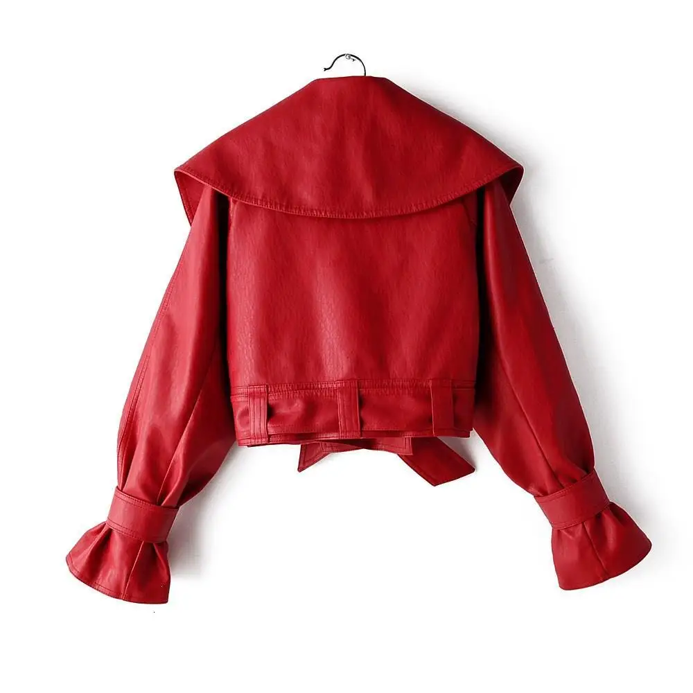 High Street Lapel Bow Frenulum Leather Jacket Women Clothing Autumn Females Locomotive Pu Leather Short Coats