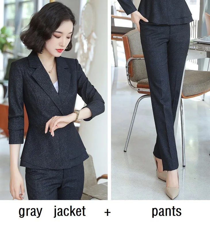 gray jacket pants Женские костюмы, тонкая осенне-зимняя однотонная куртка, брюки, комплект из 2 предметов, Деловые женские брючные костюмы, женские костюмы, 8252 - Цвет: gray jacket pants