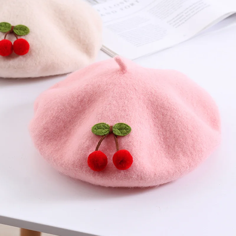 

Kids Cherry Beret Autumn Winter 48-52CM Girl Warm Hat Pure Color Cute Japanese Style Handmade Fashion High Quality Painter Beret