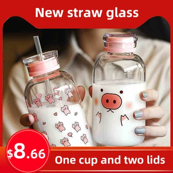 

Creative Pig Water Cup Glass Bottles Kawaii Water Bottle Eco Friendly Glass with a Straw Glasses Cute My Bottle Cups Waterbottle