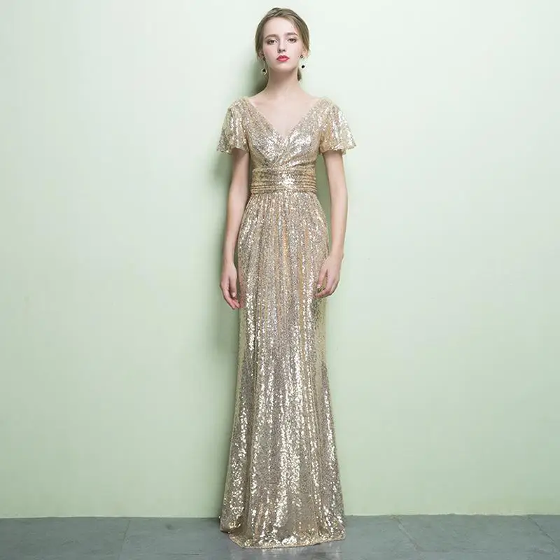 Изысканное вечернее платье для молодой леди, бисер, Ципао, блестки, женское официальное вечернее платье, полная длина, макси платье Чонсам с v-образным вырезом - Цвет: Champagne  style 1