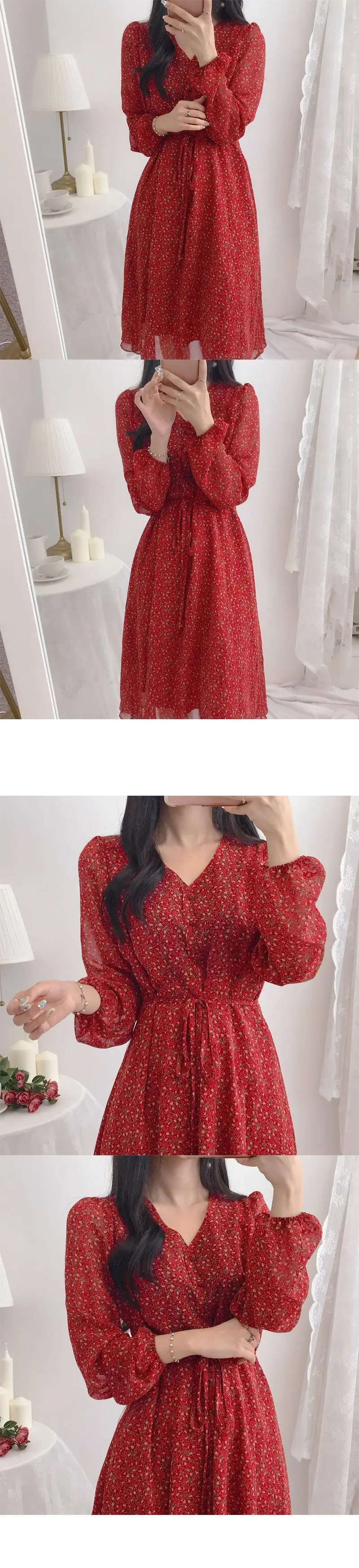 Осенние базовые платья женские модные с длинным рукавом Тонкий талия цветочный, отпечатанный, винтажный стиль одежды в Корейском стиле милый дизайн 9202