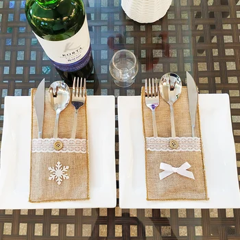 

1-20pcs Christmas Linen Lace Cutlery Tableware Silverwaser Holder Dinner Table Decoration Knife And Forks Cover Xmas Ornament