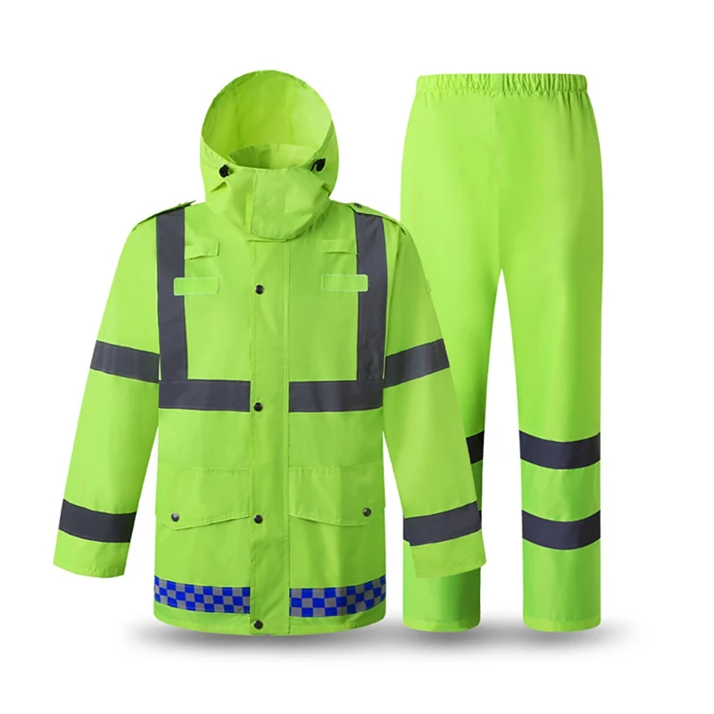

Long Sleeve Jacket Reflective Rain Suit Hooded Pants Kit High Visibility Windproof Waterproof Construction Raincoat Rainwear Out