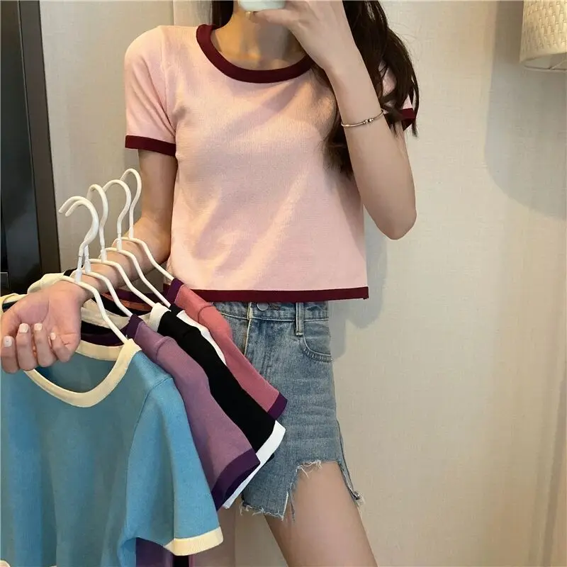 OUMEA Women Knitted T Shirts Contrast Color Crop Top Slim Fit Chic Female Casual Clothing Simple Basic Knitted Going Out Tee New