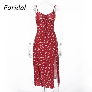 Autumn Sleeveless Vintage Floral Dress Women Casual Lace Up Front Print Dress Female Elegant Long