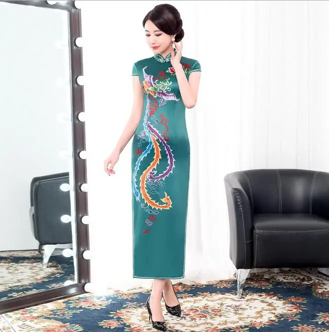 Для женщин, из искусственного шелка Qipao воротник стойка ручной работы Кнопка Cheongsam Новинка китайский формальный печати платье Большие размеры M L XL XXL XXXL - Цвет: Зеленый