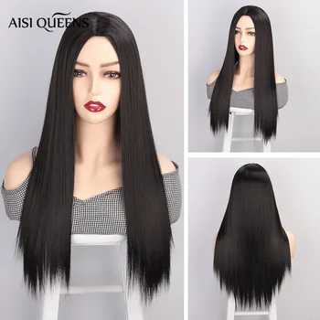 

AISI QUEENS Long Straight Synthetic Wig Black Wig for Women Cosplay Middle Part Ombre Brown with Blonde Blue Pink Purple Red Wig