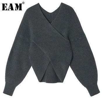 

[EAM] gray brief Knitting Sweater Loose Fit Round Neck Long Sleeve Women Pullovers New Fashion Tide Autumn Winter 2020 1Y667