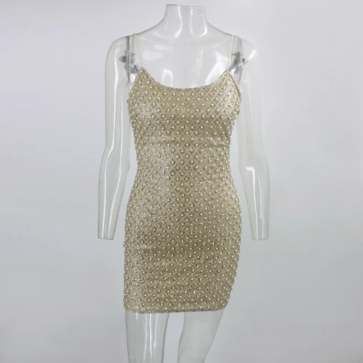 Gold PFFLOOK Autumn Diamond Sexy Dress Women Backless Spaghetti Strap Glitter Mini Party Dresses Club Female Bodycon Vestidos - Color: Gold