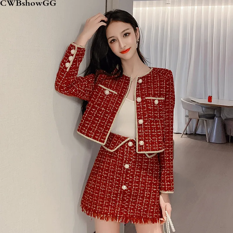 

Small Fragrance Red 2 Piece Set Female 2019 Autumn And Winter Casual Single-Breasted Jacket + Tassel Short Skirt Two-Piece Set
