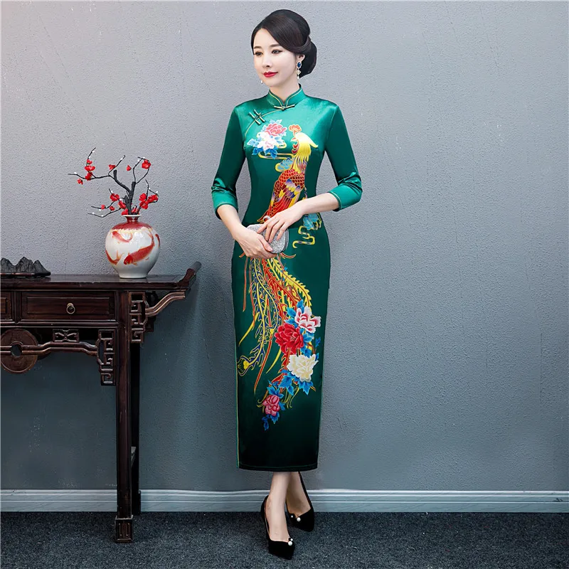 Большие размеры 3XL 4XL 5XL осеннее Новое поступление винтажное три четверти Cheongsam сексуальное женское Формальное длинное платье с цветочным принтом велюровое платье